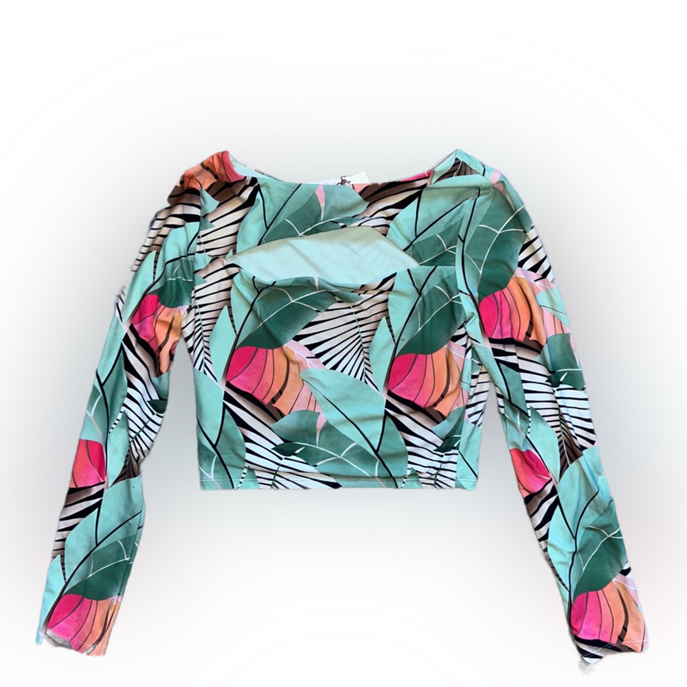 New Women’s Calia Crop Rash Guard 
Tropical Leaf Print Long Sleeve Top - Picture 2 of 2